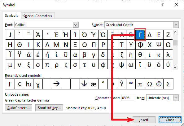 gamma shortcut for mac in word